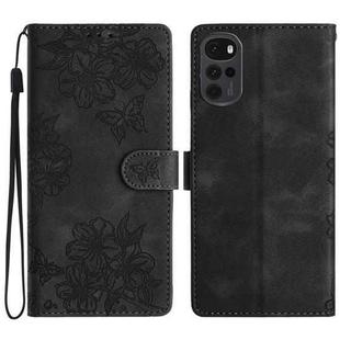 For Motorola Moto G22 Cherry Blossom Butterfly Skin Feel Embossed PU Phone Case(Black)