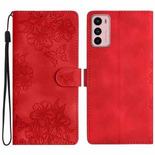 For Motorola Moto G42 Cherry Blossom Butterfly Skin Feel Embossed PU Phone Case(Red)
