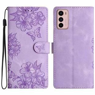 For Motorola Moto G42 Cherry Blossom Butterfly Skin Feel Embossed PU Phone Case(Purple)