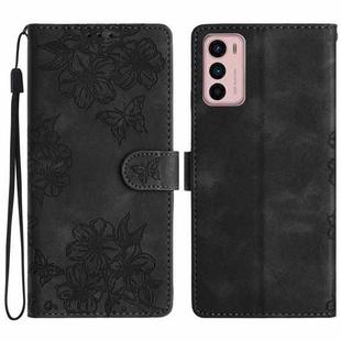 For Motorola Moto G42 Cherry Blossom Butterfly Skin Feel Embossed PU Phone Case(Black)