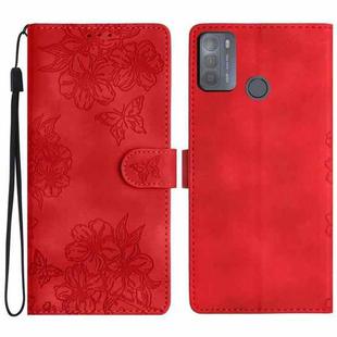 For Motorola Moto G50 Cherry Blossom Butterfly Skin Feel Embossed PU Phone Case(Red)