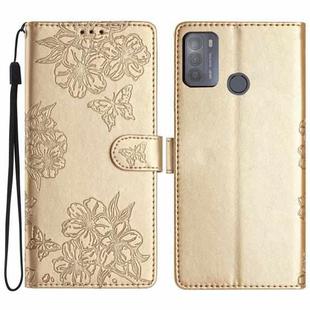 For Motorola Moto G50 Cherry Blossom Butterfly Skin Feel Embossed PU Phone Case(Gold)