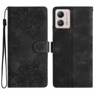 For Motorola Moto G73 Cherry Blossom Butterfly Skin Feel Embossed PU Phone Case(Black)