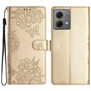 For Motorola Moto G84 5G Cherry Blossom Butterfly Skin Feel Embossed PU Phone Case(Gold)