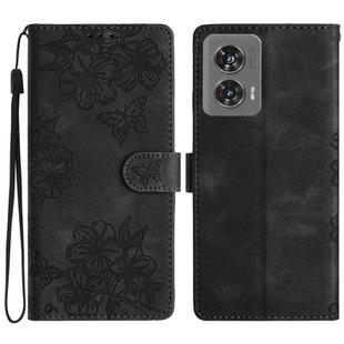 For Motorola Edge 50 Fusion Cherry Blossom Butterfly Skin Feel Embossed PU Phone Case(Black)