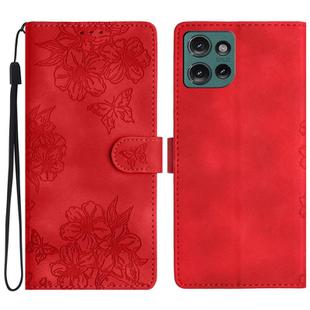 For Motorola Edge 50 5G Cherry Blossom Butterfly Skin Feel Embossed PU Phone Case(Red)