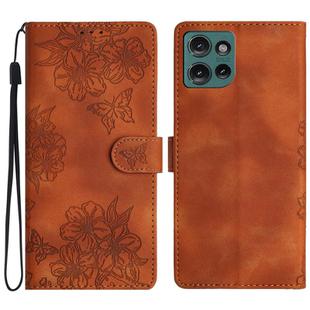 For Motorola Edge 50 5G Cherry Blossom Butterfly Skin Feel Embossed PU Phone Case(Brown)