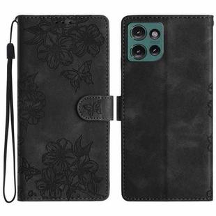 For Motorola Edge 50 5G Cherry Blossom Butterfly Skin Feel Embossed PU Phone Case(Black)