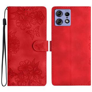 For Motorola Edge 50 Pro Cherry Blossom Butterfly Skin Feel Embossed PU Phone Case(Red)