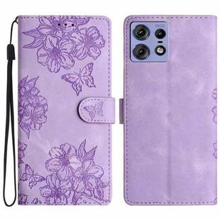 For Motorola Edge 50 Pro Cherry Blossom Butterfly Skin Feel Embossed PU Phone Case(Purple)