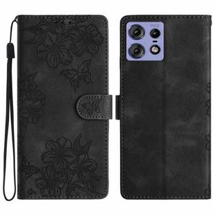 For Motorola Edge 50 Pro Cherry Blossom Butterfly Skin Feel Embossed PU Phone Case(Black)