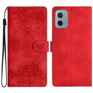 For Motorola Moto E15 Cherry Blossom Butterfly Skin Feel Embossed PU Phone Case(Red)