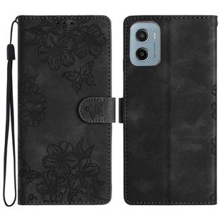 For Motorola Moto E15 Cherry Blossom Butterfly Skin Feel Embossed PU Phone Case(Black)