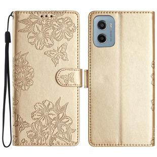 For Motorola Moto E15 Cherry Blossom Butterfly Skin Feel Embossed PU Phone Case(Gold)