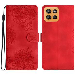 For Motorola Moto G15 Cherry Blossom Butterfly Skin Feel Embossed PU Phone Case(Red)