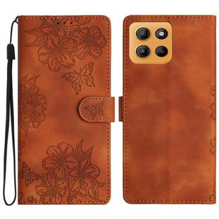 For Motorola Moto G15 Cherry Blossom Butterfly Skin Feel Embossed PU Phone Case(Brown)