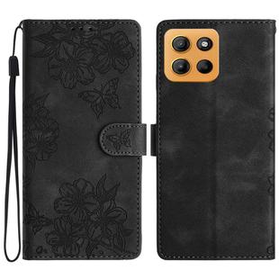For Motorola Moto G15 Cherry Blossom Butterfly Skin Feel Embossed PU Phone Case(Black)
