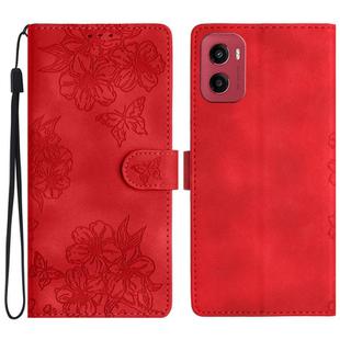 For Motorola Moto G05 Cherry Blossom Butterfly Skin Feel Embossed PU Phone Case(Red)