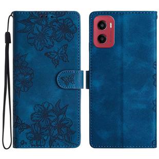 For Motorola Moto G05 Cherry Blossom Butterfly Skin Feel Embossed PU Phone Case(Blue)