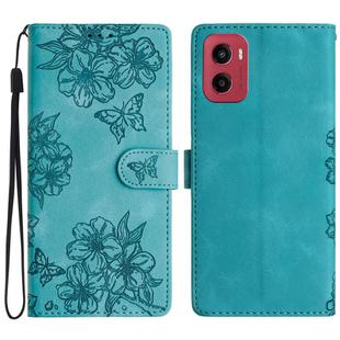 For Motorola Moto G05 Cherry Blossom Butterfly Skin Feel Embossed PU Phone Case(Green)