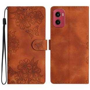For Motorola Moto G05 Cherry Blossom Butterfly Skin Feel Embossed PU Phone Case(Brown)