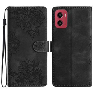 For Motorola Moto G05 Cherry Blossom Butterfly Skin Feel Embossed PU Phone Case(Black)