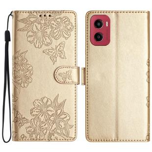 For Motorola Moto G05 Cherry Blossom Butterfly Skin Feel Embossed PU Phone Case(Gold)