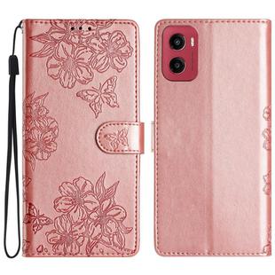 For Motorola Moto G05 Cherry Blossom Butterfly Skin Feel Embossed PU Phone Case(Rose Gold)