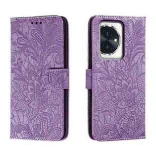 For Honor 100 Lace Flower Embossing Flip Leather Phone Case(Purple)