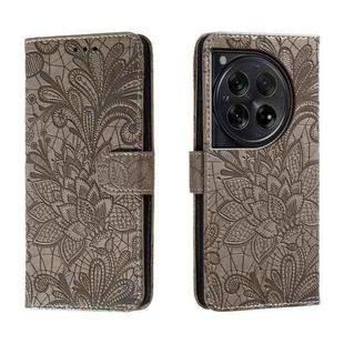 For OnePlus 12 Lace Flower Embossing Flip Leather Phone Case(Grey)
