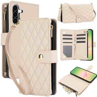 For Samsung Galaxy A56 5G YM016 Rhombic Zipper Card Wallet Leather Phone Case with Lanyard(Apricot)
