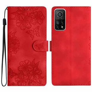 For Xiaomi Mi 10T 5G / 10T Pro 5G Cherry Blossom Butterfly Skin Feel Embossed PU Phone Case(Red)