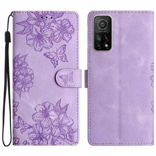 For Xiaomi Mi 10T 5G / 10T Pro 5G Cherry Blossom Butterfly Skin Feel Embossed PU Phone Case(Purple)