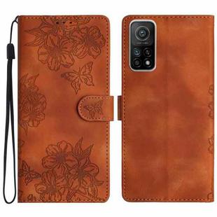 For Xiaomi Mi 10T 5G / 10T Pro 5G Cherry Blossom Butterfly Skin Feel Embossed PU Phone Case(Brown)