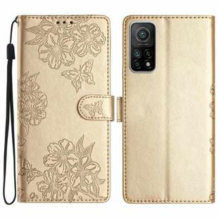 For Xiaomi Mi 10T 5G / 10T Pro 5G Cherry Blossom Butterfly Skin Feel Embossed PU Phone Case(Gold)