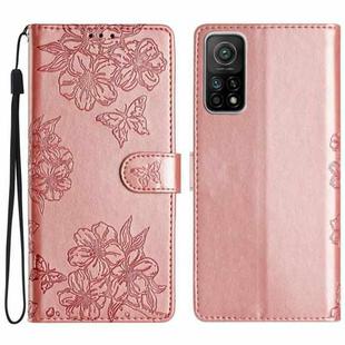 For Xiaomi Mi 10T 5G / 10T Pro 5G Cherry Blossom Butterfly Skin Feel Embossed PU Phone Case(Rose Gold)