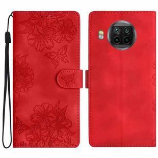 For Xiaomi Mi 10T Lite 5G Cherry Blossom Butterfly Skin Feel Embossed PU Phone Case(Red)