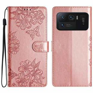 For Xiaomi Mi 11 Ultra Cherry Blossom Butterfly Skin Feel Embossed PU Phone Case(Rose Gold)