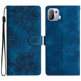 For Xiaomi Mi 11 Pro Cherry Blossom Butterfly Skin Feel Embossed PU Phone Case(Blue)