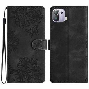 For Xiaomi Mi 11 Pro Cherry Blossom Butterfly Skin Feel Embossed PU Phone Case(Black)