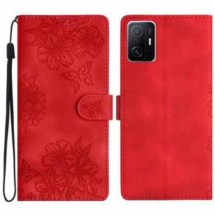 For Xiaomi 11T / 11T Pro Cherry Blossom Butterfly Skin Feel Embossed PU Phone Case(Red)