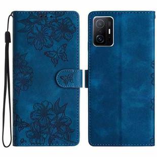 For Xiaomi 11T / 11T Pro Cherry Blossom Butterfly Skin Feel Embossed PU Phone Case(Blue)