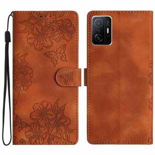 For Xiaomi 11T / 11T Pro Cherry Blossom Butterfly Skin Feel Embossed PU Phone Case(Brown)