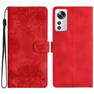 For Xiaomi 12 Pro Cherry Blossom Butterfly Skin Feel Embossed PU Phone Case(Red)