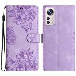 For Xiaomi 12 Pro Cherry Blossom Butterfly Skin Feel Embossed PU Phone Case(Purple)