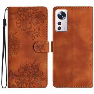 For Xiaomi 12 Pro Cherry Blossom Butterfly Skin Feel Embossed PU Phone Case(Brown)