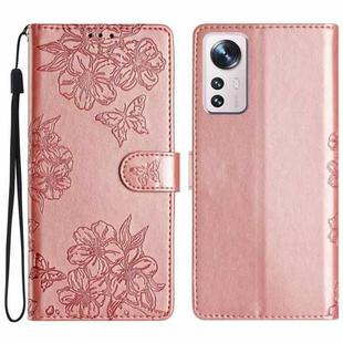 For Xiaomi 12 Pro Cherry Blossom Butterfly Skin Feel Embossed PU Phone Case(Rose Gold)