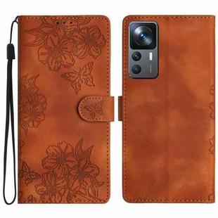 For Xiaomi 12T / 12T Pro Cherry Blossom Butterfly Skin Feel Embossed PU Phone Case(Brown)