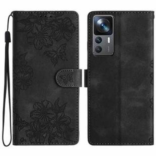 For Xiaomi 12T / 12T Pro Cherry Blossom Butterfly Skin Feel Embossed PU Phone Case(Black)