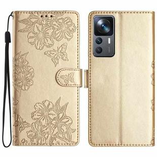 For Xiaomi 12T / 12T Pro Cherry Blossom Butterfly Skin Feel Embossed PU Phone Case(Gold)